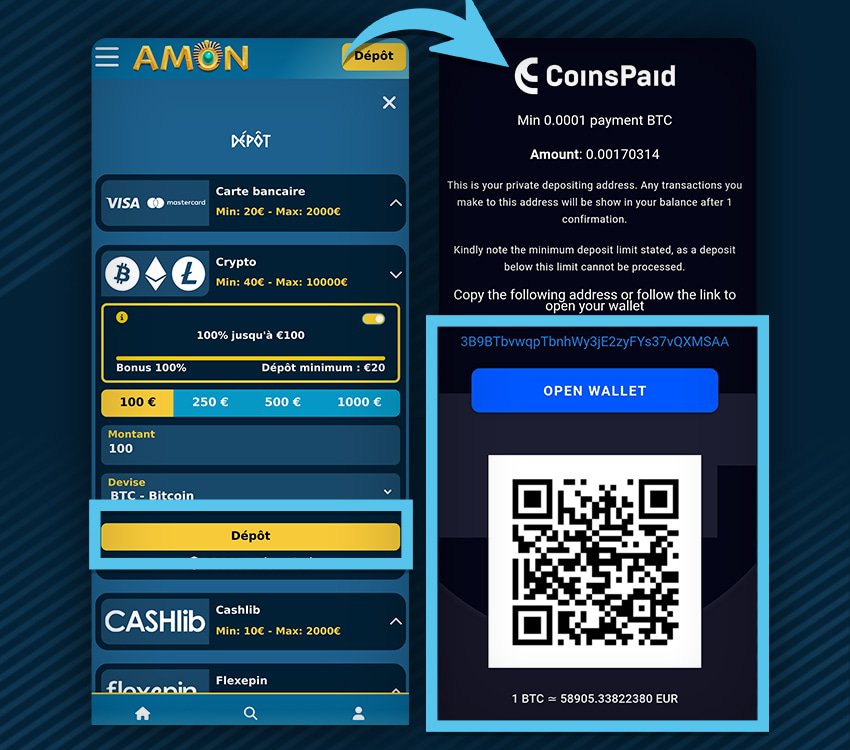 amon casino comment deposer crypto etape 2