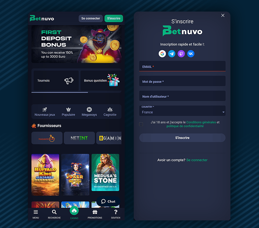 comment s'inscrire sur betnuvo casino etape 1