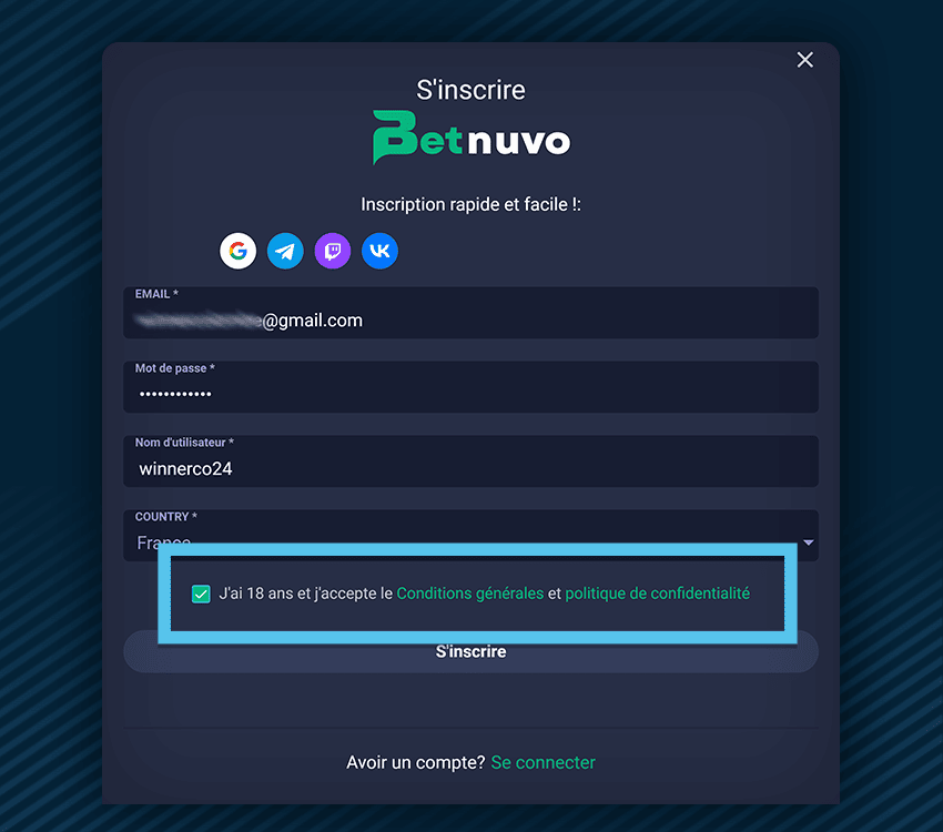 comment s'inscrire sur betnuvo casino etape 2