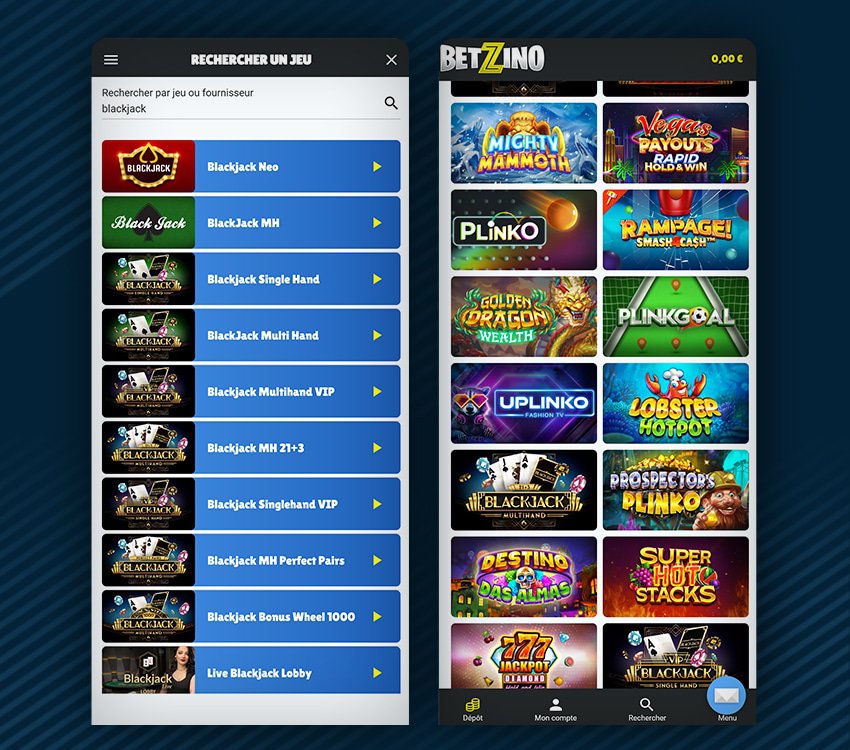 jeux de table et mini-jeux disponibles sur betzino casino