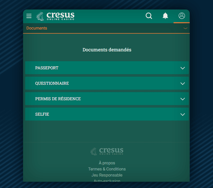vérification d'identité sur cresus casino