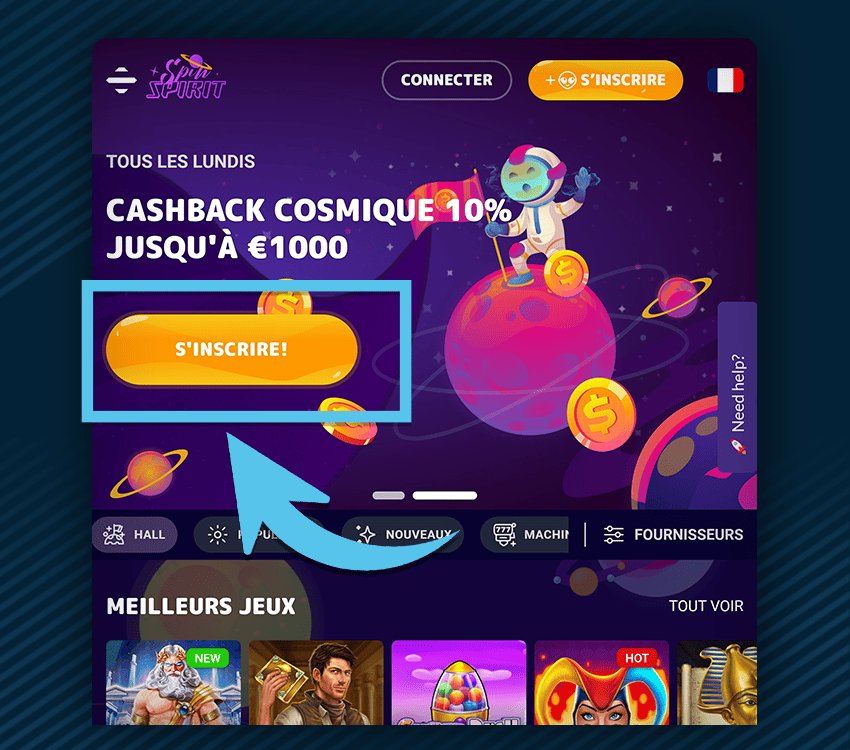 comment s'inscrire sur spin spirit casino etape 1