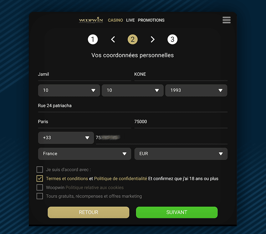 comment s'inscrire sur woopwin casino etape 3